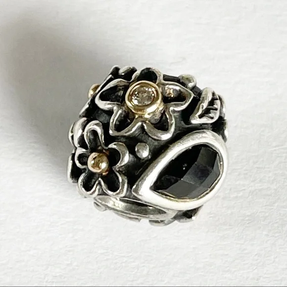 Pandora Dew Drops on Flowers Diamond Charm w/14k Details, Onyx & Diamonds - Picture 5 of 16